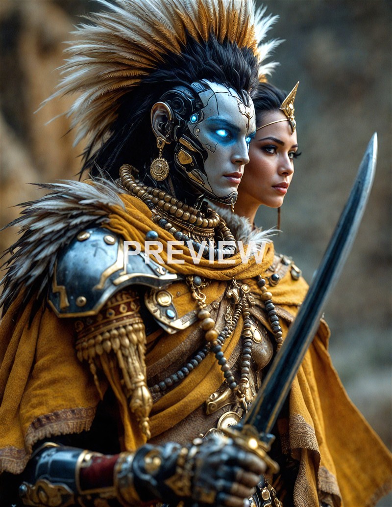 Two women are dressed in elaborate costumes, with one featuring a futuristic, robotic appearance with glowing blue eyes and intricate metallic armor, while the other has a more traditional, regal look with a golden tiara and jewelry, holding a sword.